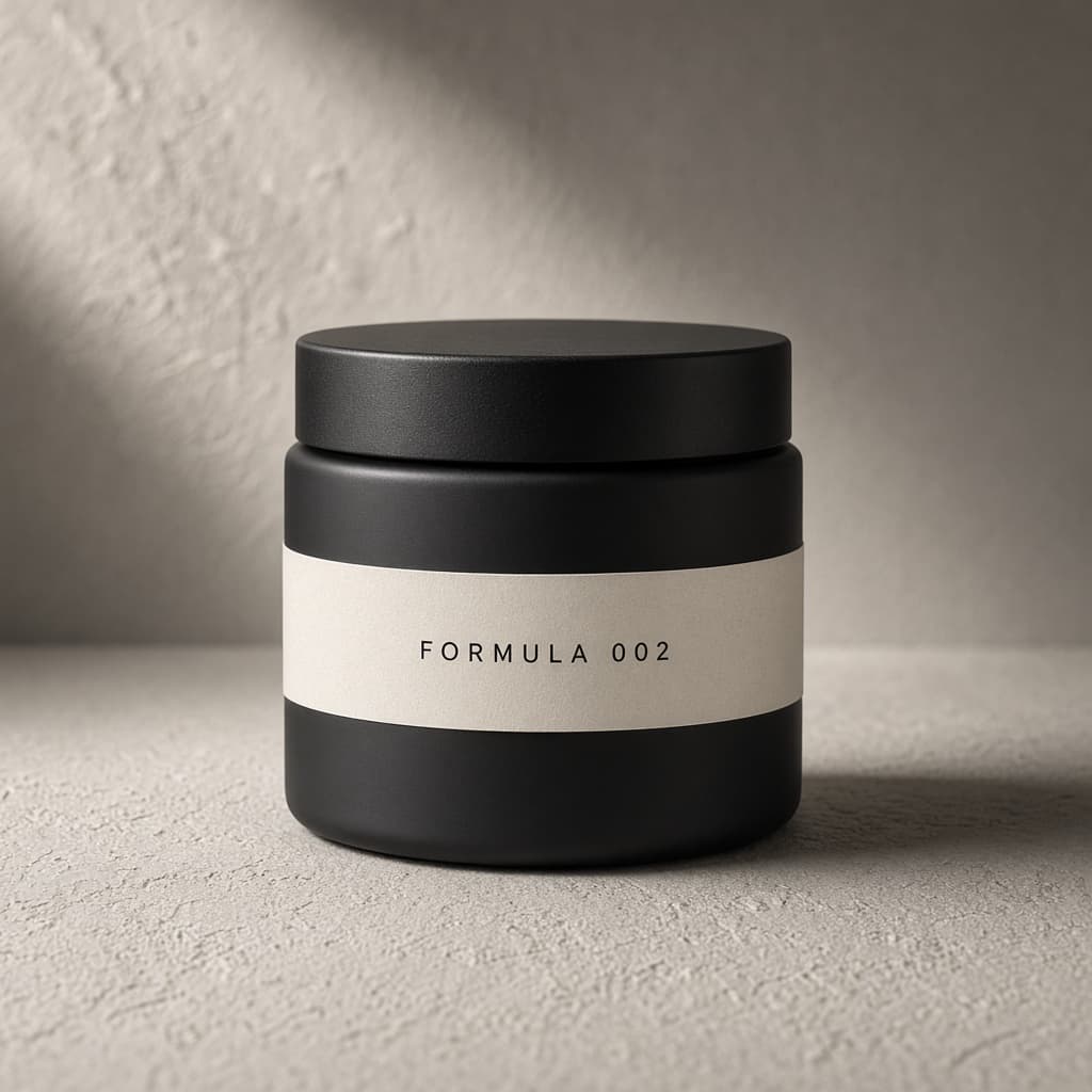 Concept still life of a matte charcoal jar labeled Formula 002.