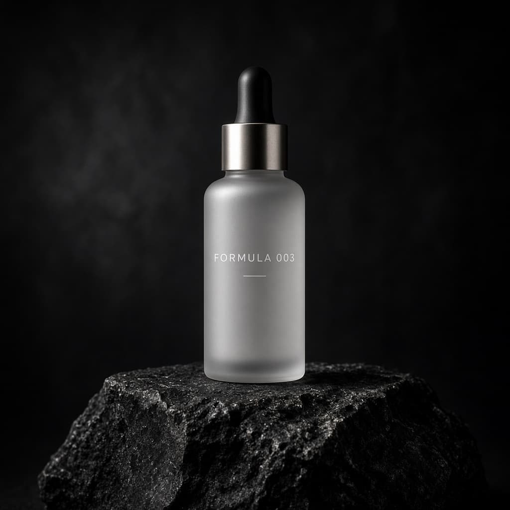 Concept still life of a frosted dropper bottle labeled Formula 003 on dark stone.