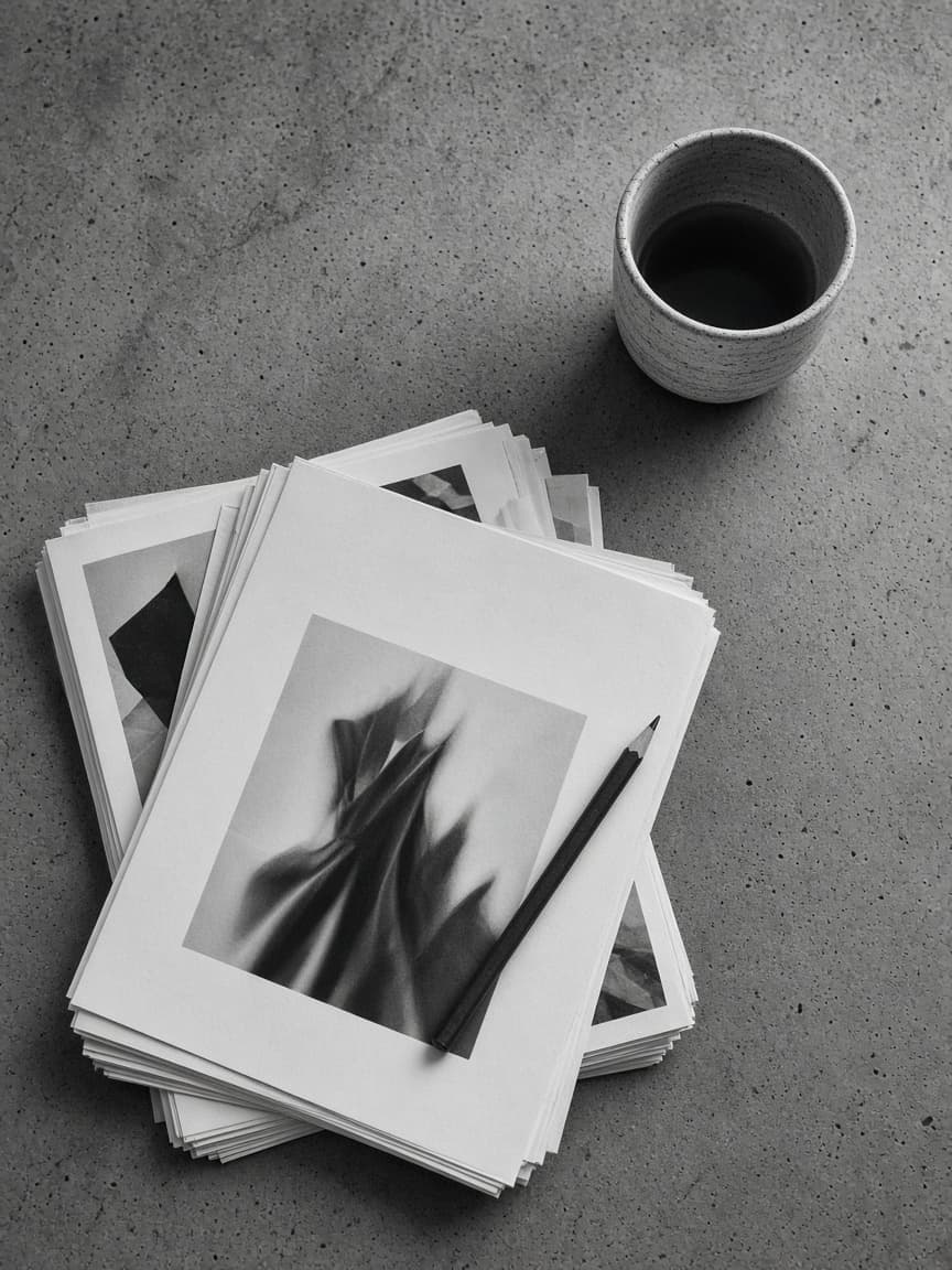 An editor's desk with unbound pages, a pencil, and a ceramic cup.