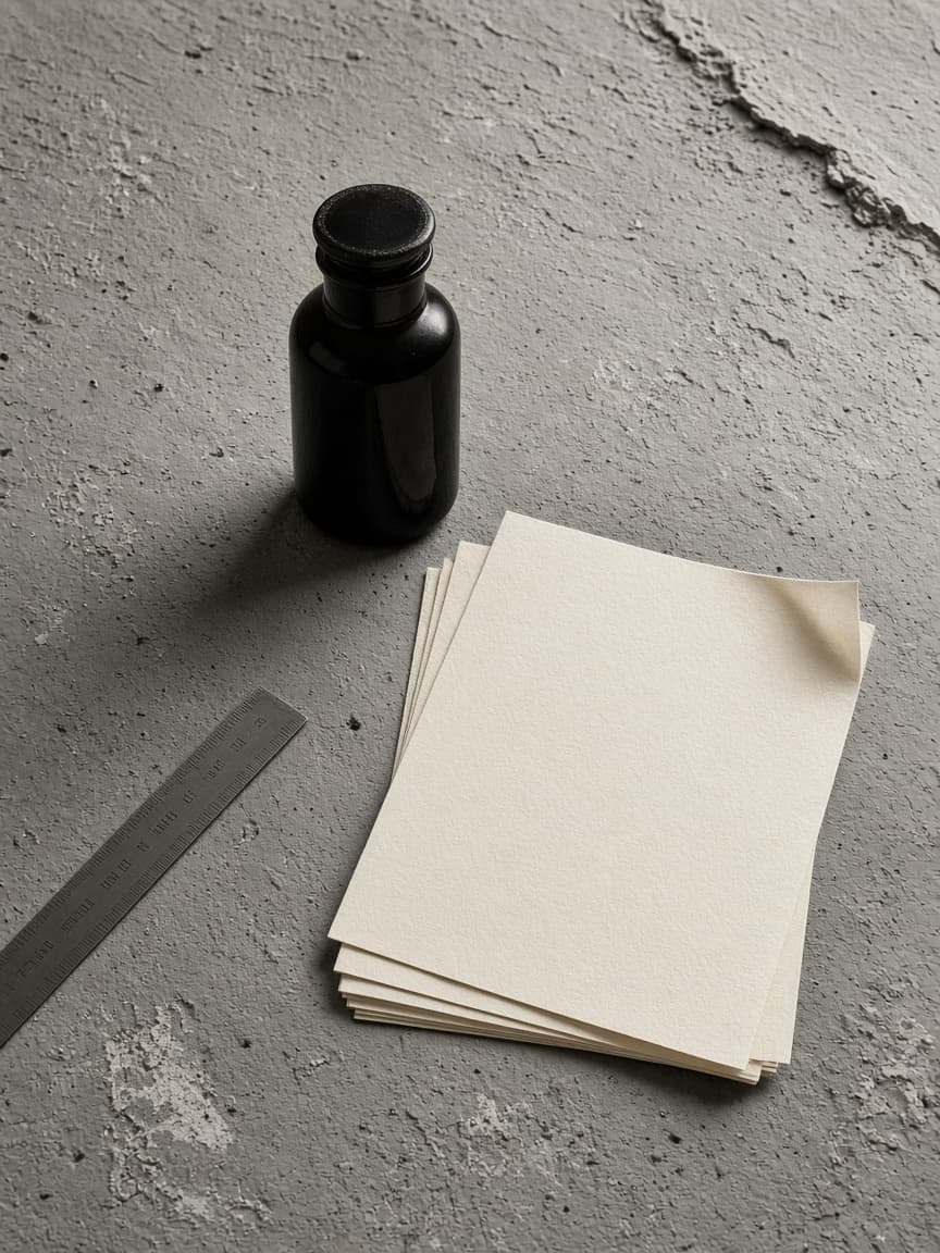 Overhead still life of paper, a dark bottle, and a steel ruler.