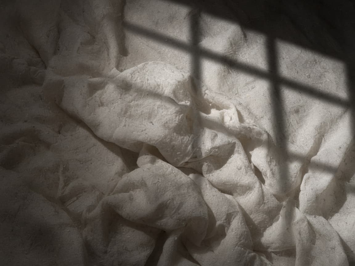 Folded off-white cloth and a hard window shadow.