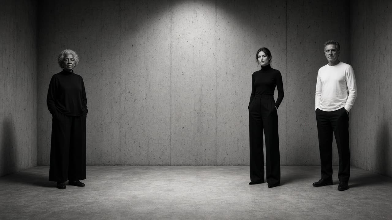 Concept group portrait of three people in a concrete studio.
