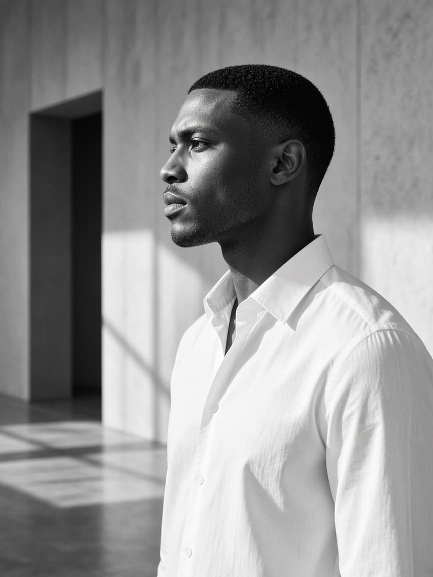 Concept profile portrait in a gallery, natural skin texture visible.